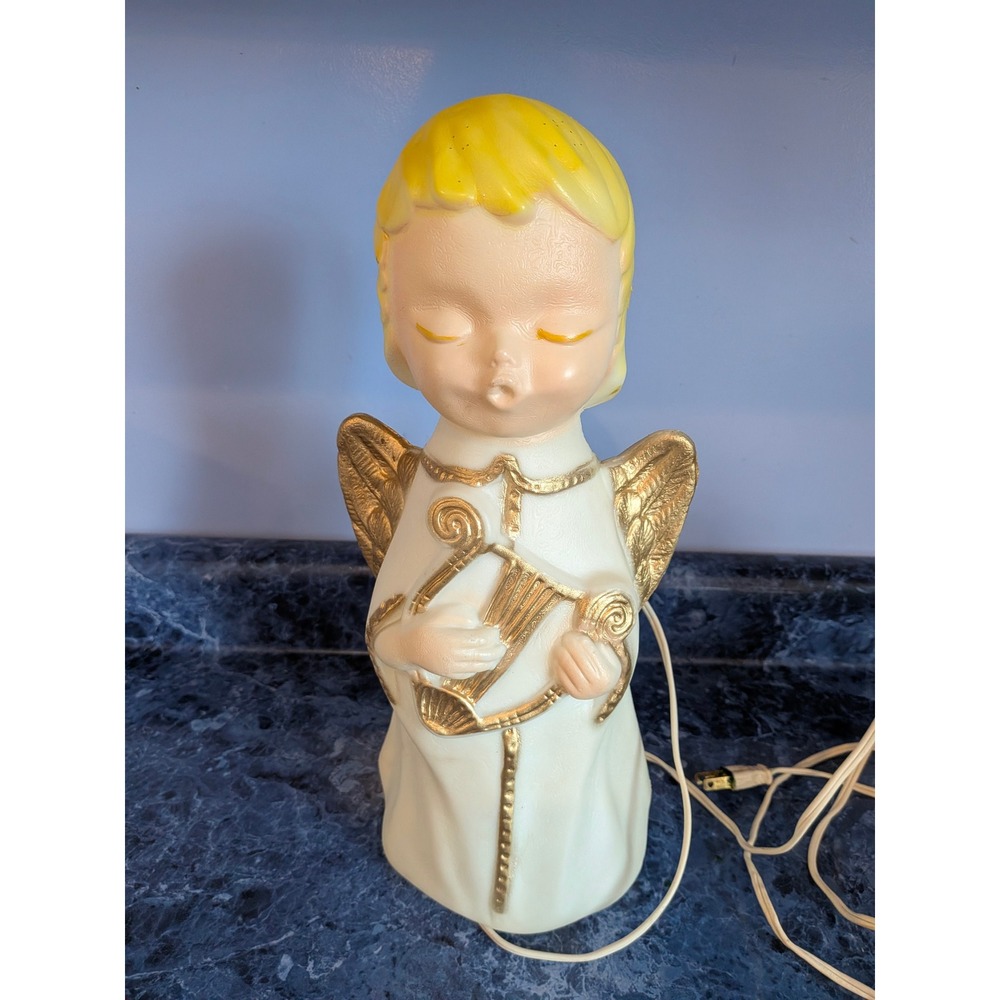 Vintage Christmas Angel Blow Mold Tabletop Light Harp Gold Wings 12 Inch